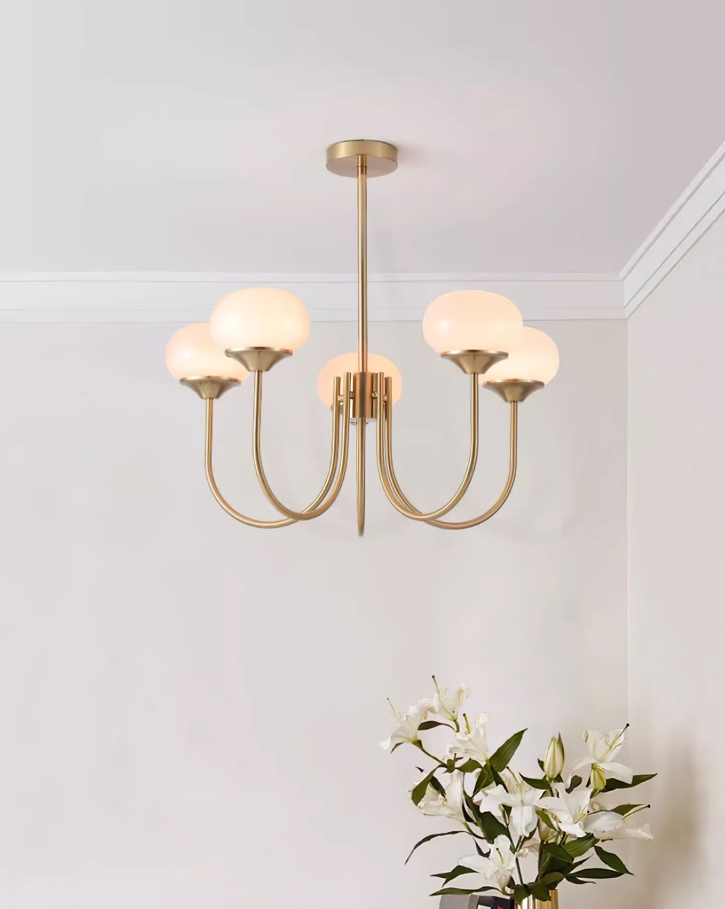 Modern Chandelier Ceiling Light with Pink Glass Shades | Decorative Dining Room Lamp
