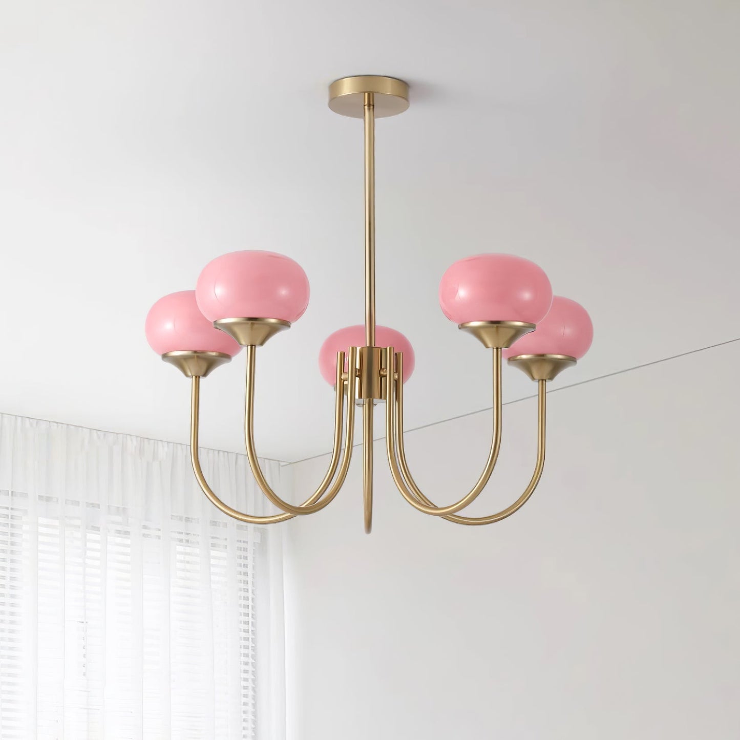 Modern Chandelier Ceiling Light with Pink Glass Shades | Decorative Dining Room Lamp
