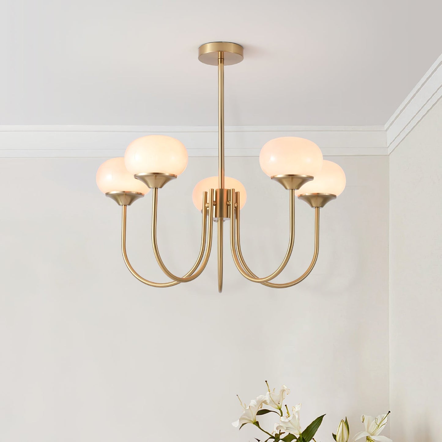 Modern Chandelier Ceiling Light with Pink Glass Shades | Decorative Dining Room Lamp