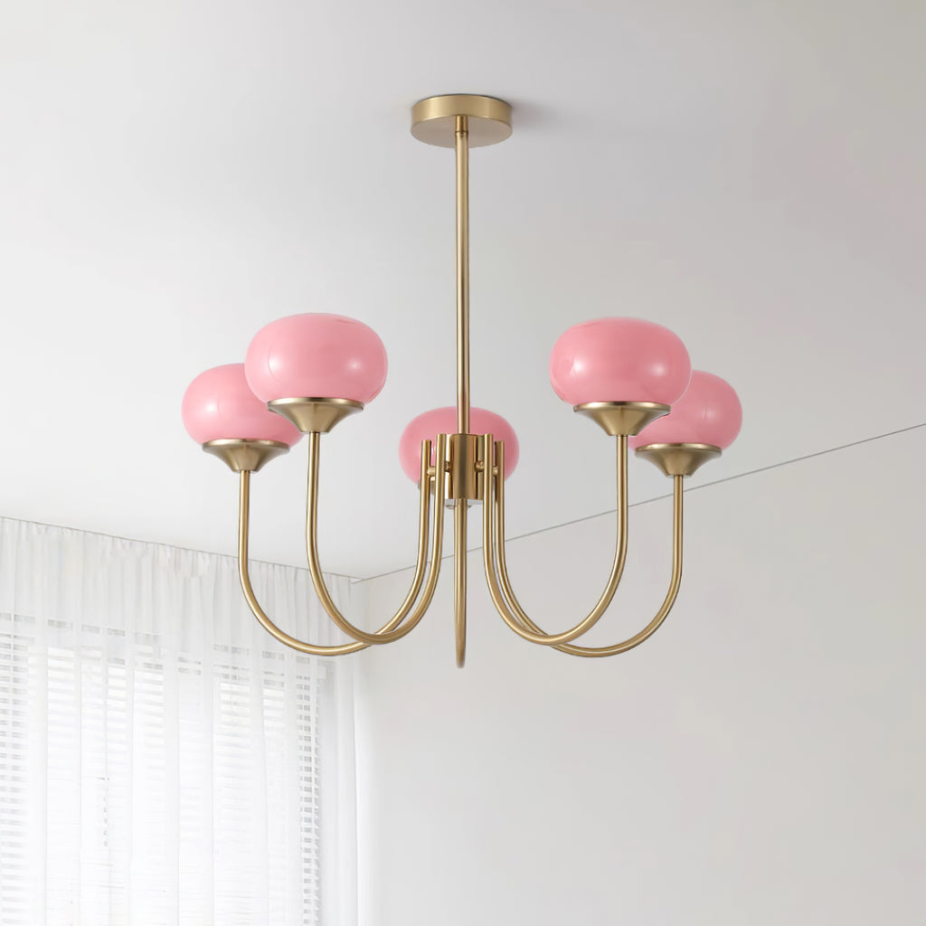 Modern Chandelier Ceiling Light with Pink Glass Shades | Decorative Dining Room Lamp