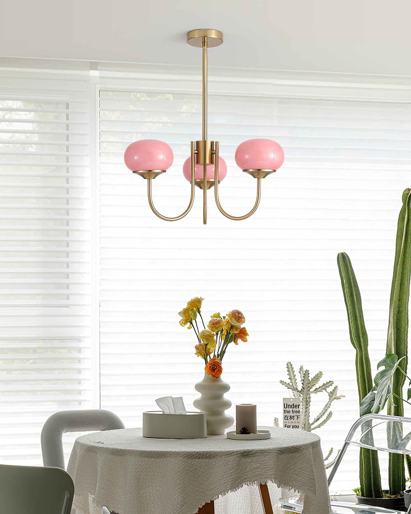 Modern Chandelier Ceiling Light with Pink Glass Shades | Decorative Dining Room Lamp