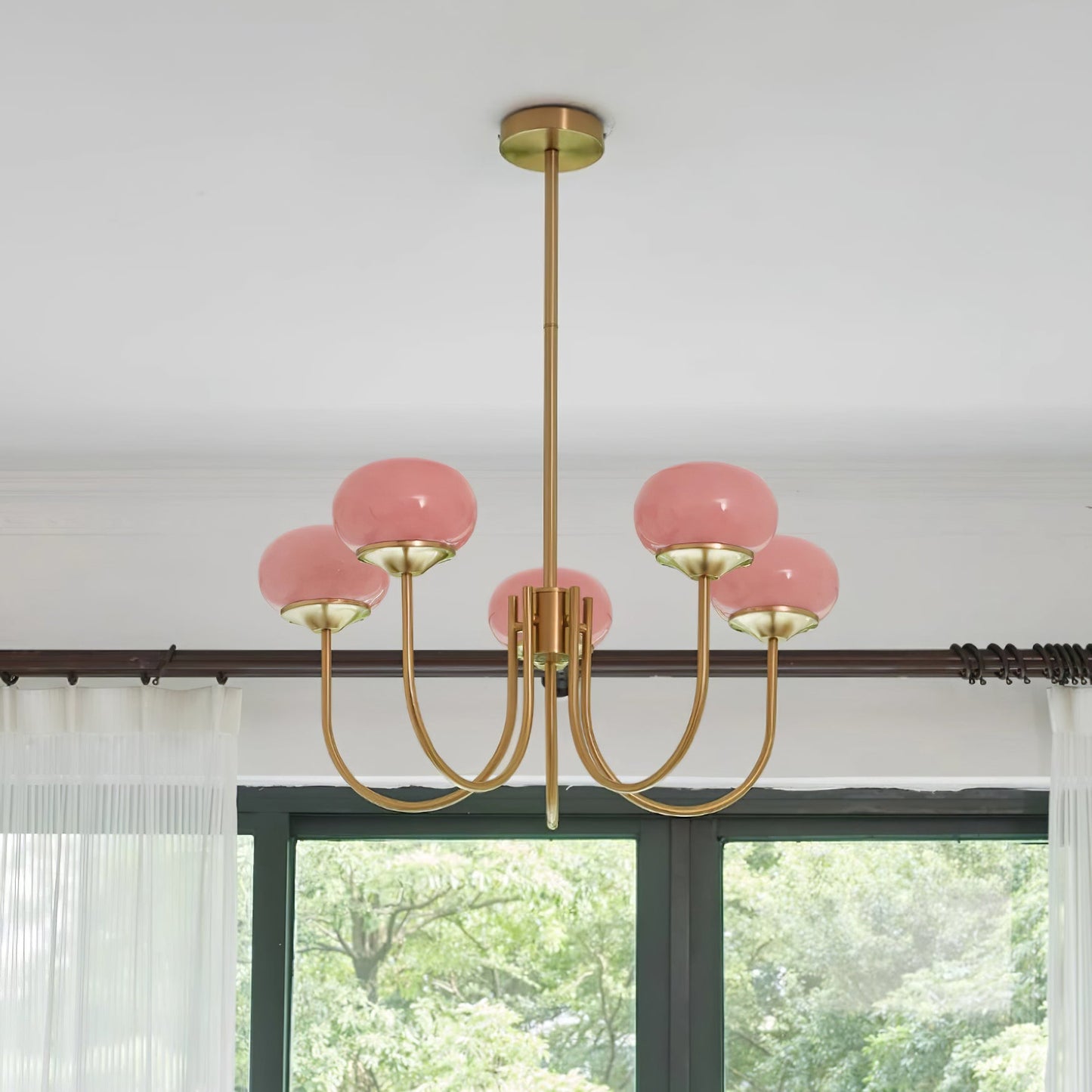 Modern Chandelier Ceiling Light with Pink Glass Shades | Decorative Dining Room Lamp