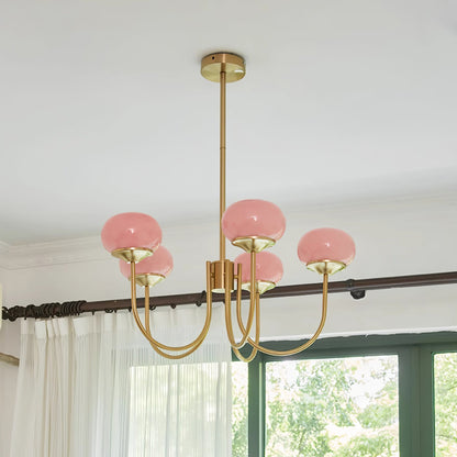 Modern Chandelier Ceiling Light with Pink Glass Shades | Decorative Dining Room Lamp