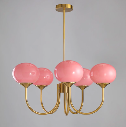 Modern Chandelier Ceiling Light with Pink Glass Shades | Decorative Dining Room Lamp
