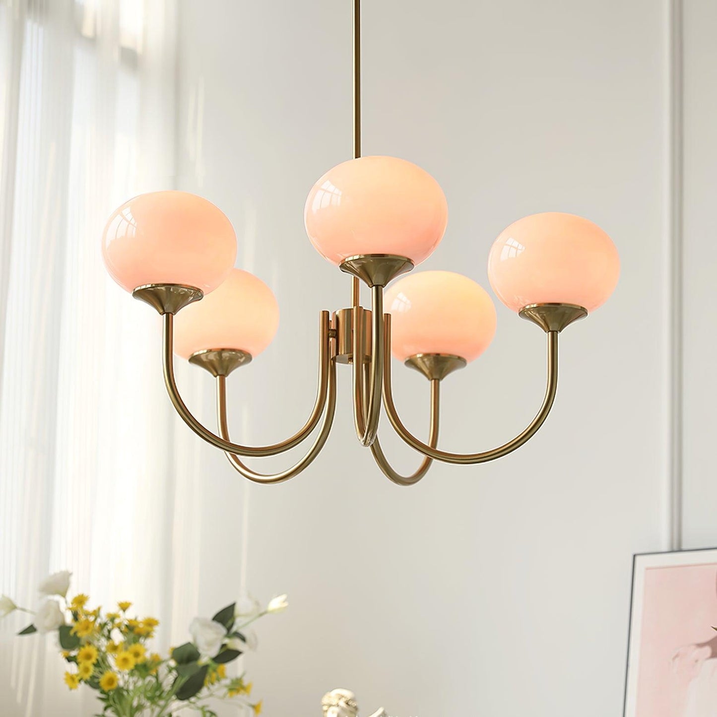 Modern Chandelier Ceiling Light with Pink Glass Shades | Decorative Dining Room Lamp