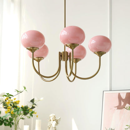 Modern Chandelier Ceiling Light with Pink Glass Shades | Decorative Dining Room Lamp