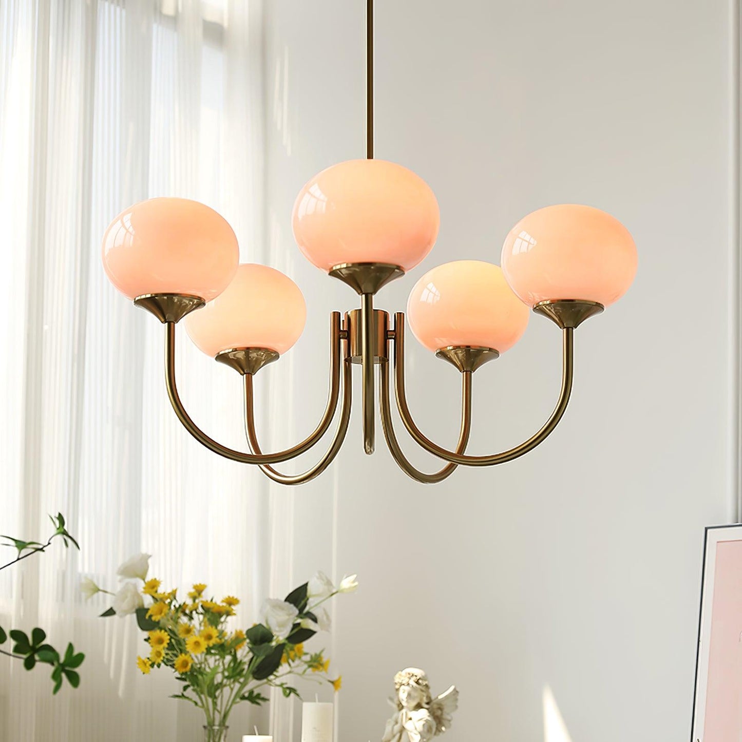 Modern Chandelier Ceiling Light with Pink Glass Shades | Decorative Dining Room Lamp