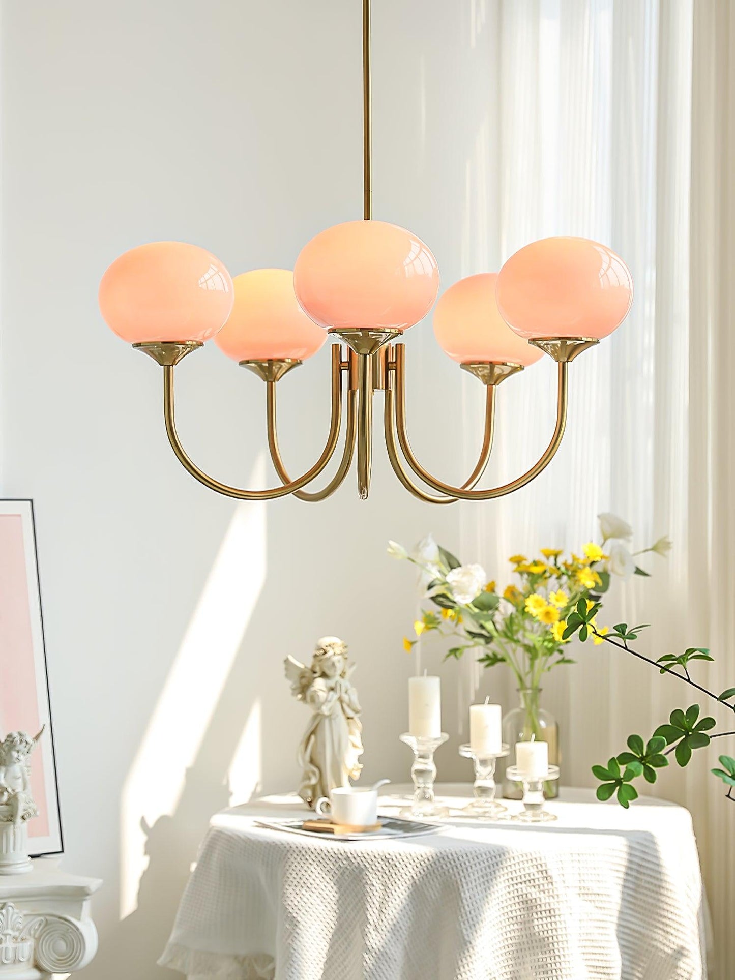 Modern Chandelier Ceiling Light with Pink Glass Shades | Decorative Dining Room Lamp