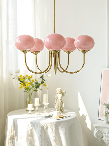 Modern Chandelier Ceiling Light with Pink Glass Shades | Decorative Dining Room Lamp