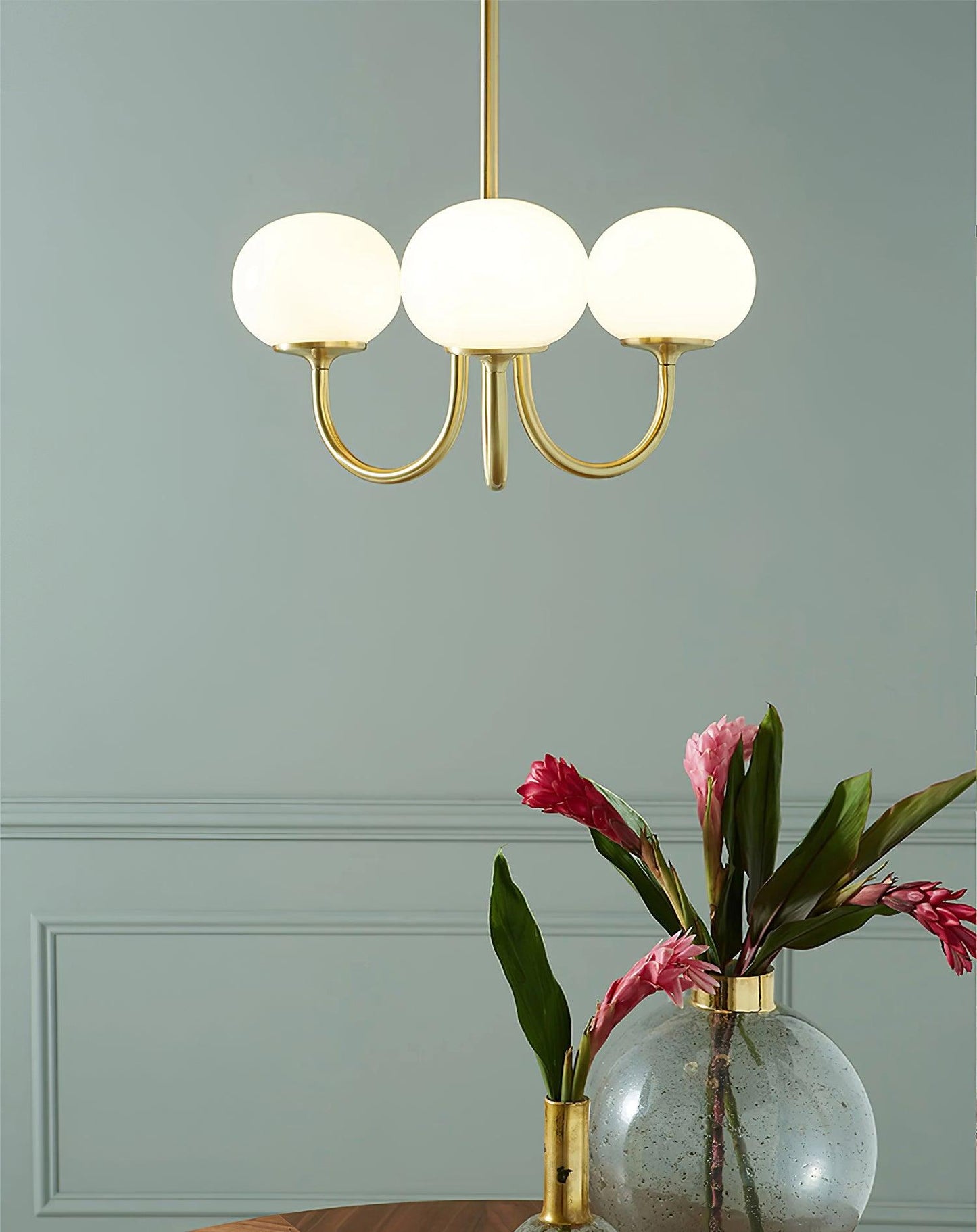 Modern Chandelier Ceiling Light with Pink Glass Shades | Decorative Dining Room Lamp