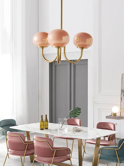 Modern Chandelier Ceiling Light with Pink Glass Shades | Decorative Dining Room Lamp