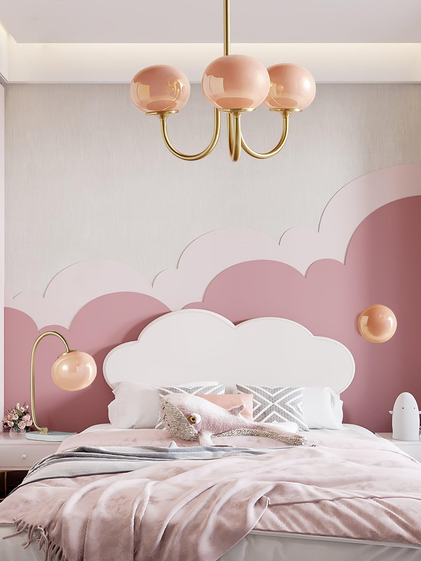 Modern Chandelier Ceiling Light with Pink Glass Shades | Decorative Dining Room Lamp