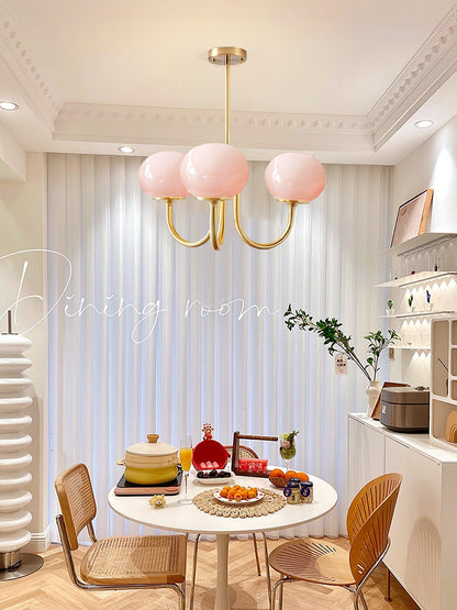 Modern Chandelier Ceiling Light with Pink Glass Shades | Decorative Dining Room Lamp