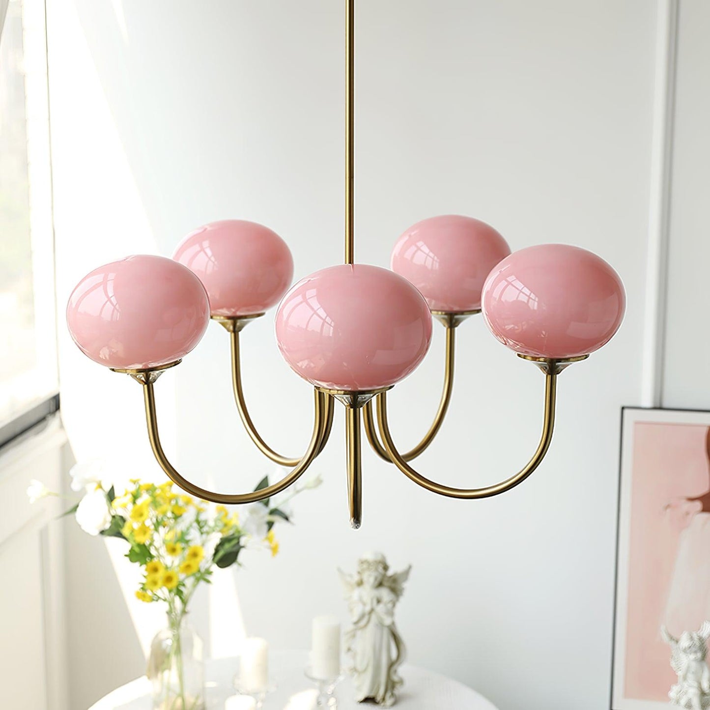 Modern Chandelier Ceiling Light with Pink Glass Shades | Decorative Dining Room Lamp