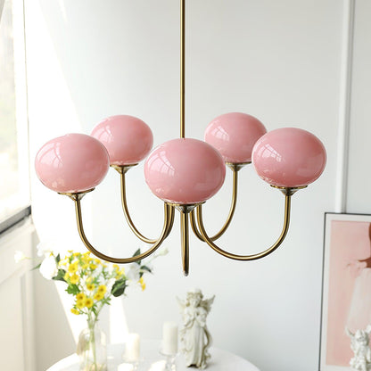 Modern Chandelier Ceiling Light with Pink Glass Shades | Decorative Dining Room Lamp