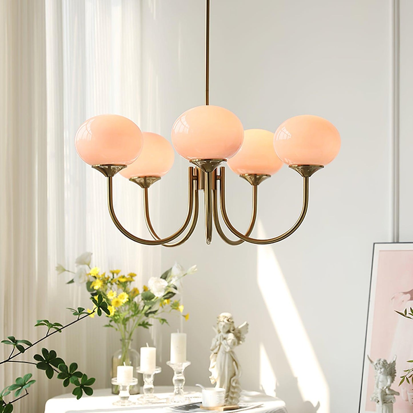 Modern Chandelier Ceiling Light with Pink Glass Shades | Decorative Dining Room Lamp