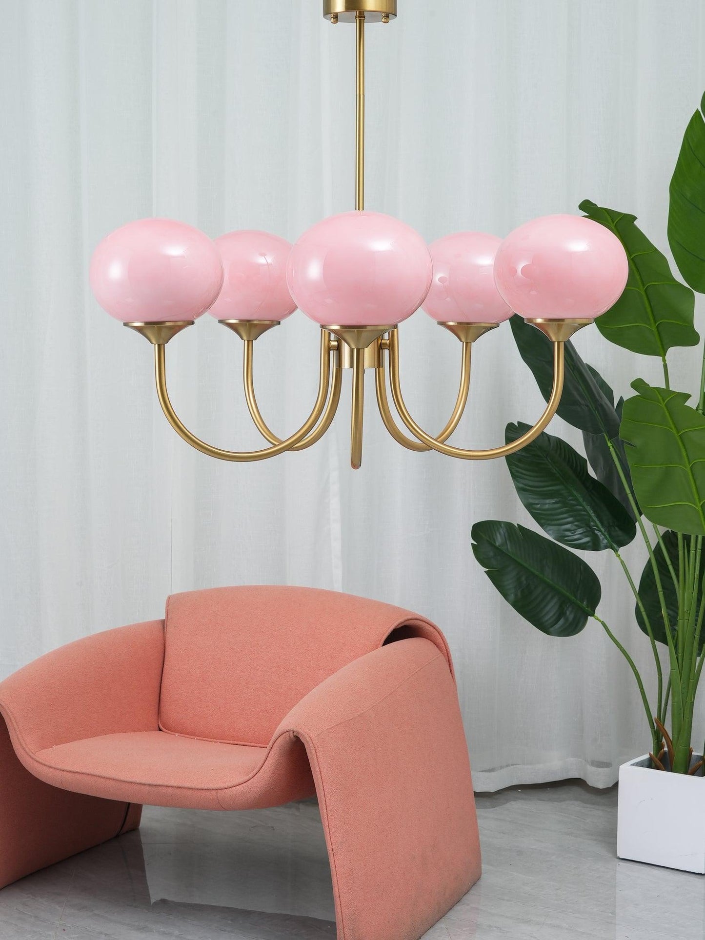 Modern Chandelier Ceiling Light with Pink Glass Shades | Decorative Dining Room Lamp