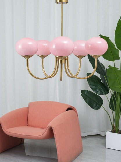 Modern Chandelier Ceiling Light with Pink Glass Shades | Decorative Dining Room Lamp