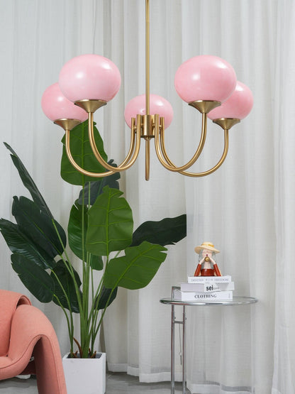 Modern Chandelier Ceiling Light with Pink Glass Shades | Decorative Dining Room Lamp