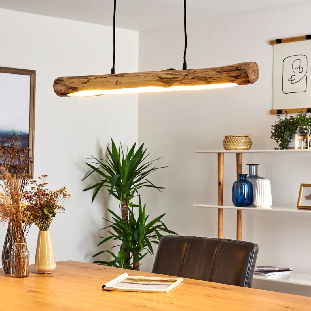 Wooden LED Ceiling Lamp with Dimmable Light | Natural Pendant for Dining Area