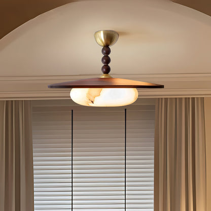 Modern Wood and Alabaster Ceiling Light | Elegant LED Lamp for Dining or Living Room