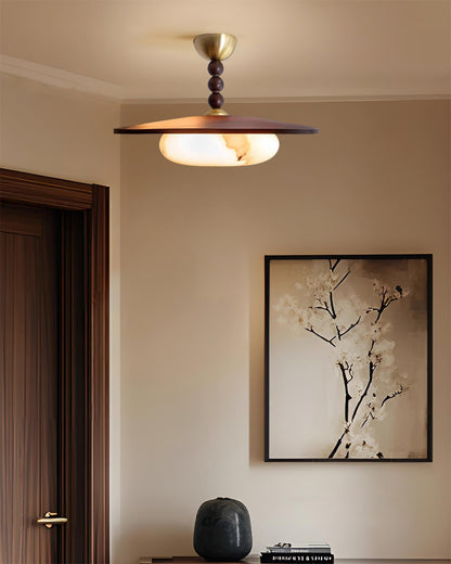 Modern Wood and Alabaster Ceiling Light | Elegant LED Lamp for Dining or Living Room