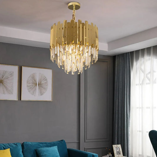 Gold Crystal Chandelier with Tiered Design | Modern Elegant Ceiling Light