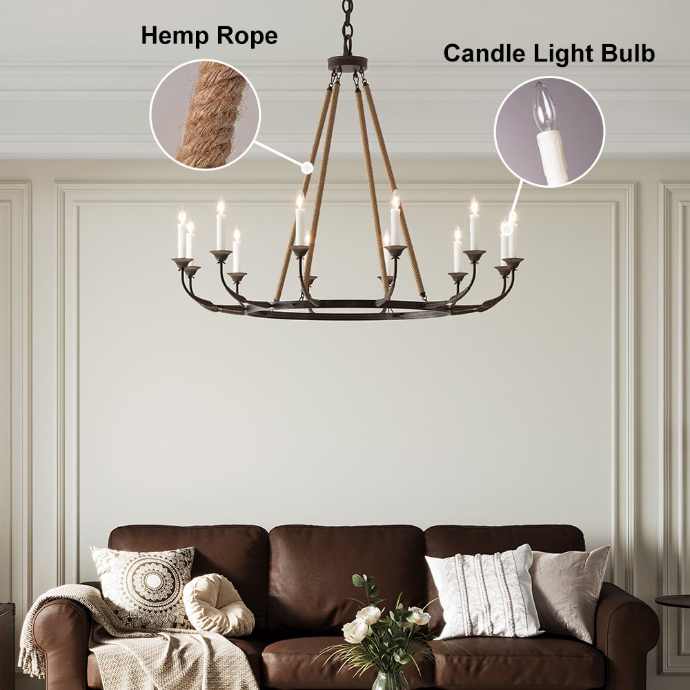 Rustic Rope Chandelier with Candle Lights | Vintage Ceiling Light Fixture
