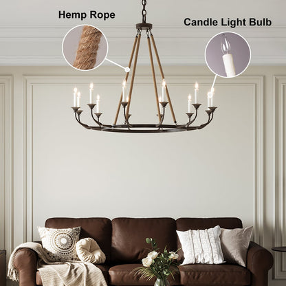Rustic Rope Chandelier with Candle Lights | Vintage Ceiling Light Fixture