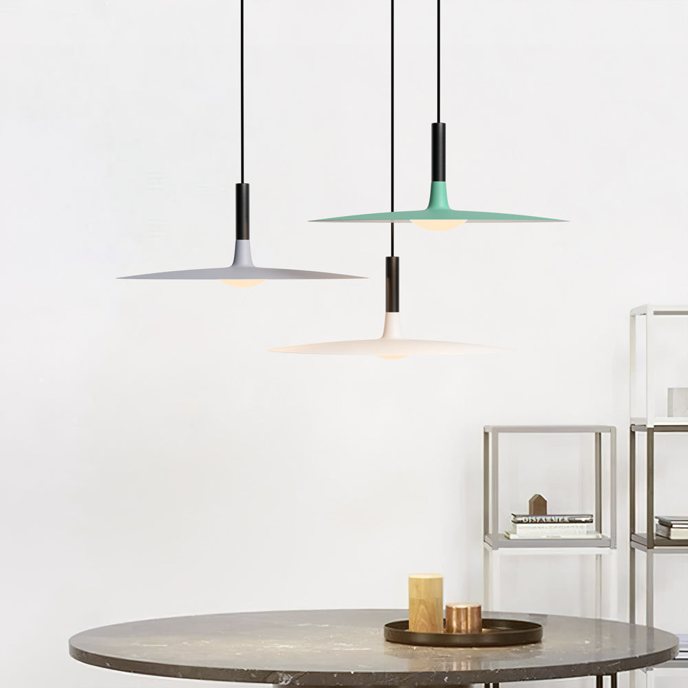 Modern Flat Pendant Ceiling Light with Wide Lampshade | Creative Dining Room Lamp