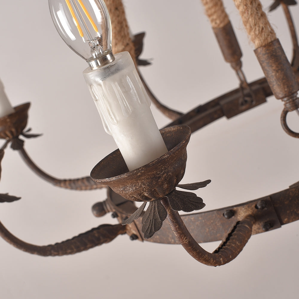 Rustic Rope Chandelier with Candle Lights | Vintage Ceiling Light Fixture