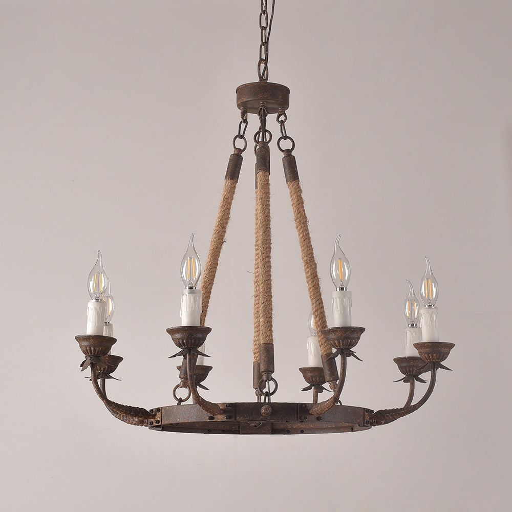 Rustic Rope Chandelier with Candle Lights | Vintage Ceiling Light Fixture