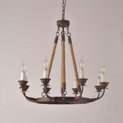 Rustic Rope Chandelier with Candle Lights | Vintage Ceiling Light Fixture