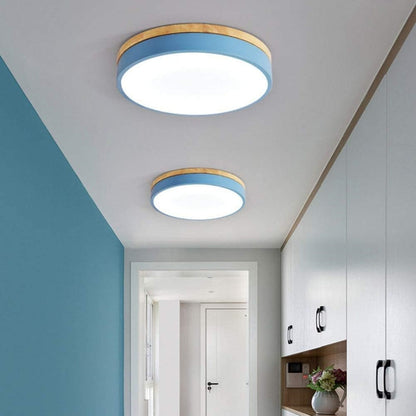Round LED Ceiling Light with Wood Finish | Modern Bedroom Living Room Lamp