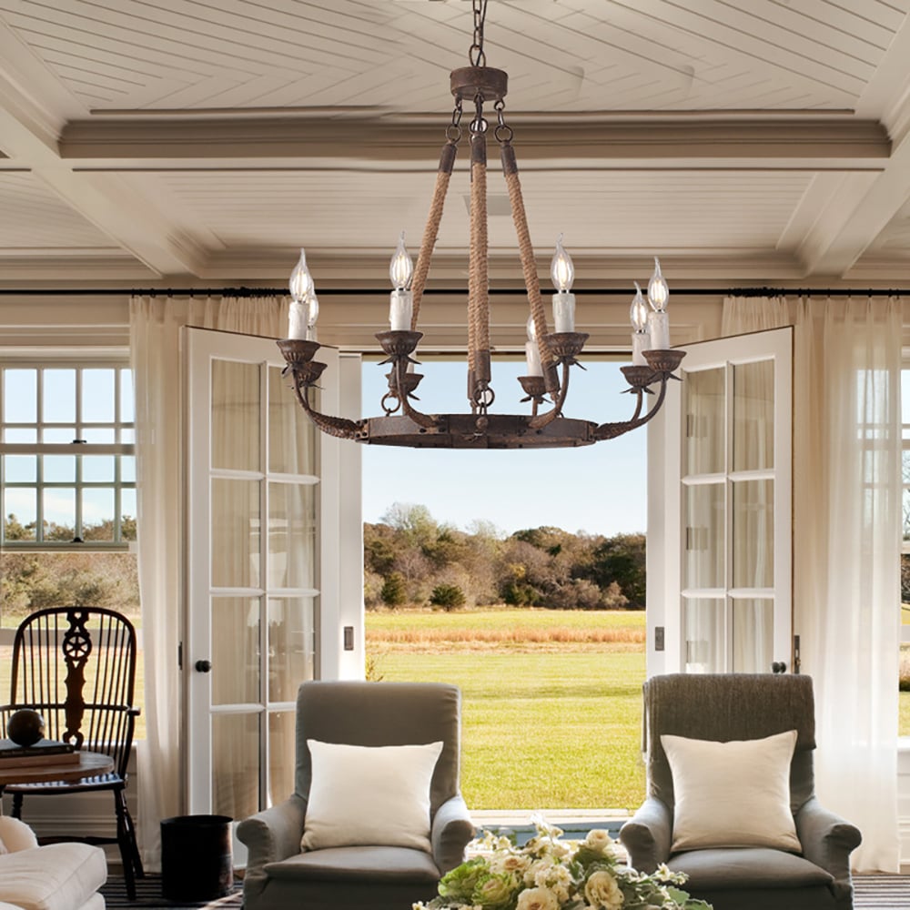 Rustic Rope Chandelier with Candle Lights | Vintage Ceiling Light Fixture
