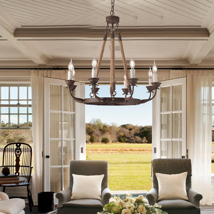 Rustic Rope Chandelier with Candle Lights | Vintage Ceiling Light Fixture