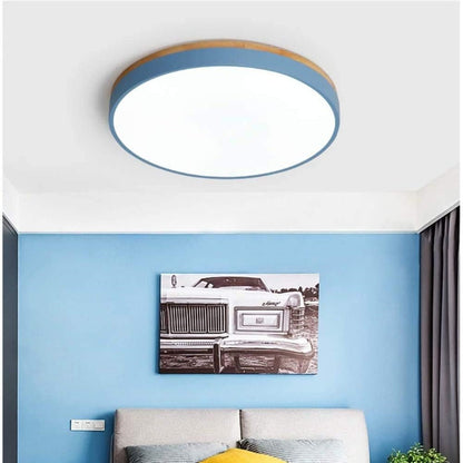 Round LED Ceiling Light with Wood Finish | Modern Bedroom Living Room Lamp