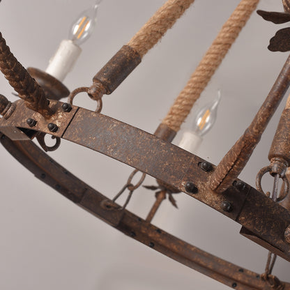 Rustic Rope Chandelier with Candle Lights | Vintage Ceiling Light Fixture