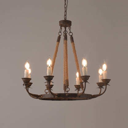 Rustic Rope Chandelier with Candle Lights | Vintage Ceiling Light Fixture