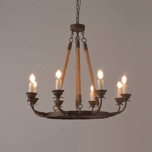 Rustic Rope Chandelier with Candle Lights | Vintage Ceiling Light Fixture