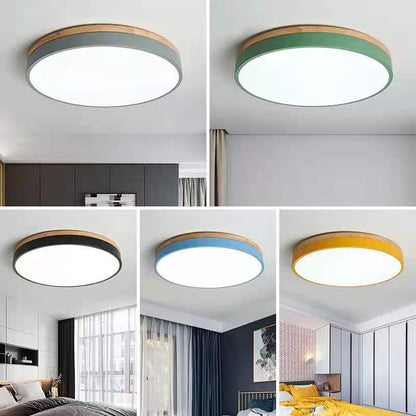 Round LED Ceiling Light with Wood Finish | Modern Bedroom Living Room Lamp