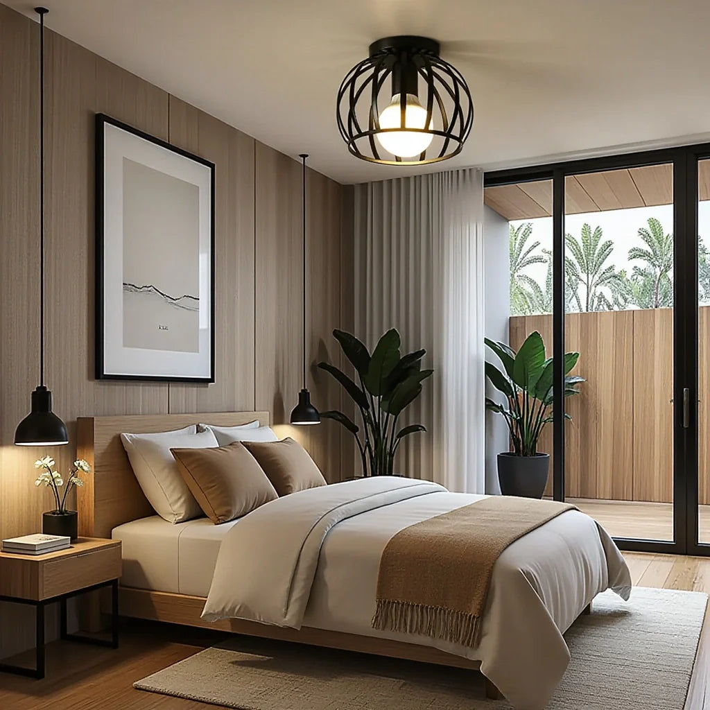 Industrial Black Ceiling Lamp | Modern Flush Mount for Hallway or Bedroom